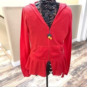 Moth (Anthropologie)full Zip Hooded Sweater Peplum & Crochet Cherry Zipper Pull